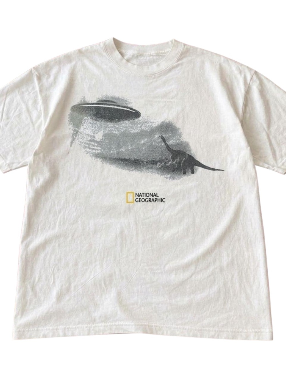 Gildan White Tee with Gray Dino and UFO Graphic, Gift For Her, For Him